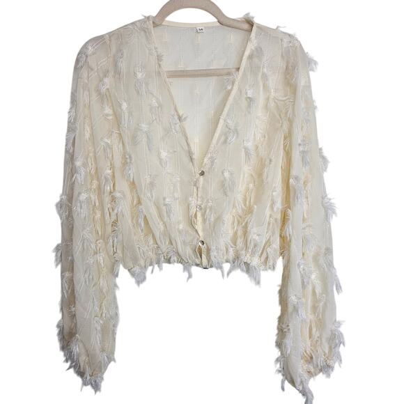 Boho Fringe Overlay Chiffon Crop Blouse Hippie Festival Sheer Button Sz M Cream - Picture 2 of 11